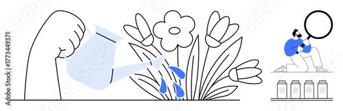 Hand watering blooming flowers while a person examines products using a magnifying glass. Ideal for growth, sustainability, nurturing, research, gardening, eco-friendly development, simple flat