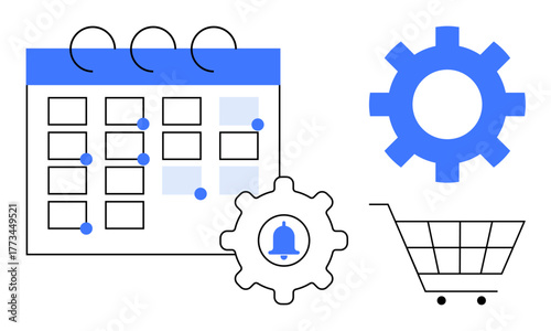 Calendar with dates, gear representing settings or notification, shopping cart symbolizing e-commerce. Ideal for scheduling, notifications, e-commerce, productivity, organization, tasks workflow