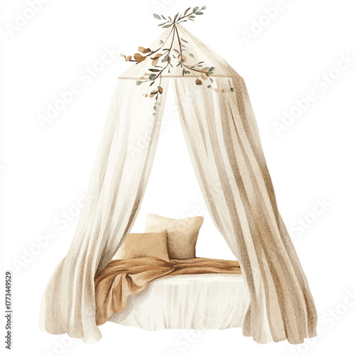 Elegant Bed Canopy with Draped Fabric and Floral Accents.