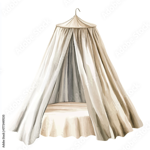 Elegant Bed Canopy with Draping Fabric and Decorative Trim.