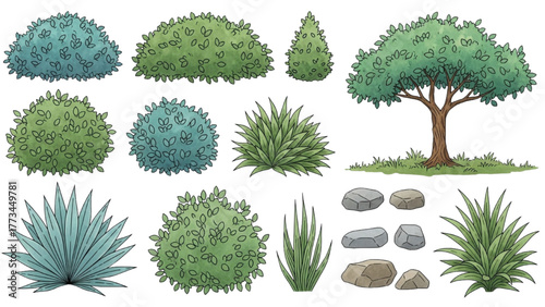 Green Garden Elements Bushes, Plants, and Trees Illustration