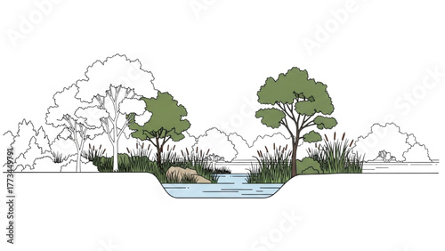 Scenic Landscape Illustration River, Trees, and Natural Environment Elements