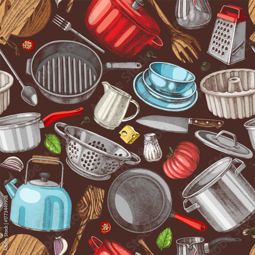Kitchenware seamless sketched vector pattern