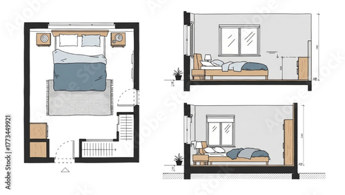 Bedroom Layout Plan Top-Down and Cross-Section Views for Interior Design Inspiration