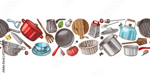 Kitchenware seamless sketched vector border