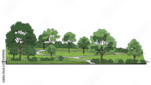 Green Park Scene with Lush Trees and Scenic Walking Path