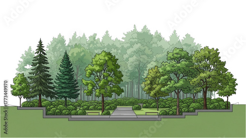 Elevation view of a landscaped park design with a walking path and forest background