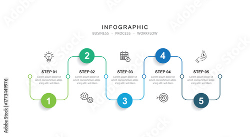 Business Process  Timeline Infographic With 5 Steps. can be used for workflow, business information, presentation and data visualization.
