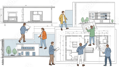 Team of architects collaborating on modern house blueprints and design plans