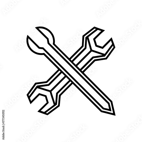 Two crossed outline wrenches on transparent background