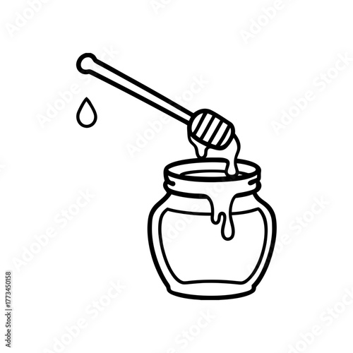 Honey jar with dipper outline on transparent background