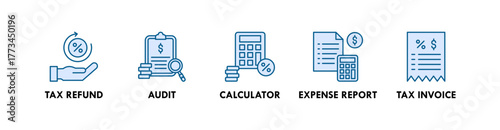Tax and Audit banner web icon illustration concept with icon of tax refund, audit, calculator, expense report, and tax invoice