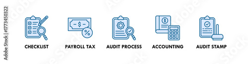 Tax and Audit banner web icon illustration concept with icon of checklist, payroll tax, audit process, accounting, and audit stamp