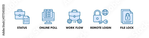 Remote Work Tools banner web icon illustration concept with icon of status, online pool, work flow, remote login, and file login