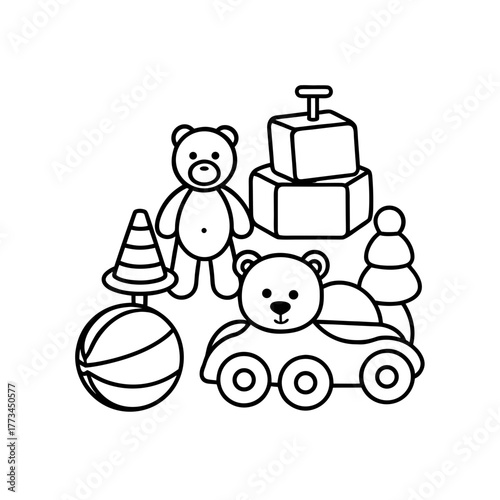 Collection of toys outline art on transparent background