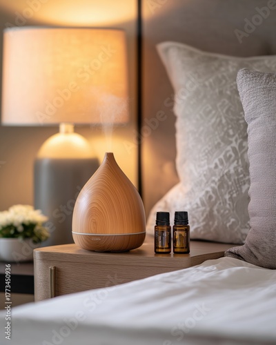 Aromatherapy diffuser with essential oils on bedside table in cozy bedroom setting