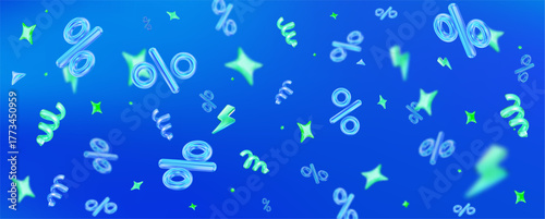 3d flying neon percent signs with stars on holographic isolated background. Horizontal banner. Stock vector illustration.	