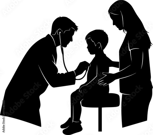 Black vector silhouette of a doctor examining a child patient with parent present. Design for pediatric clinic websites, healthcare education, or family services branding. EPS version.