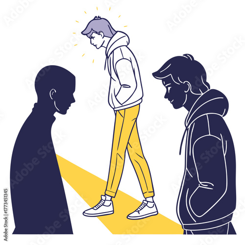 Dual Self and Inner Conflict Concept. Perfect for personality psychology visuals, introspective artwork, emotional awareness infographics, therapy media