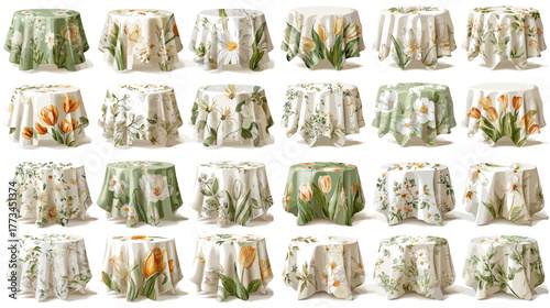 Watercolor illustration set of round floral tablecloths with tulip, daisy, and leaf patterns. Ideal for interior design, textile decoration, product presentation, and spring-themed visuals.