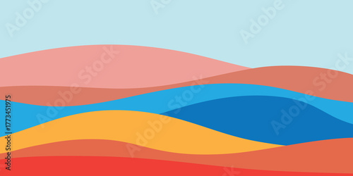 Multicolored mountain panorama, translucent waves, abstract colored glass shapes, modern background, Flat design illustration of mountains