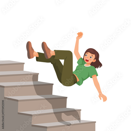 Young woman falling down the stairs having accident slips on the staircase
