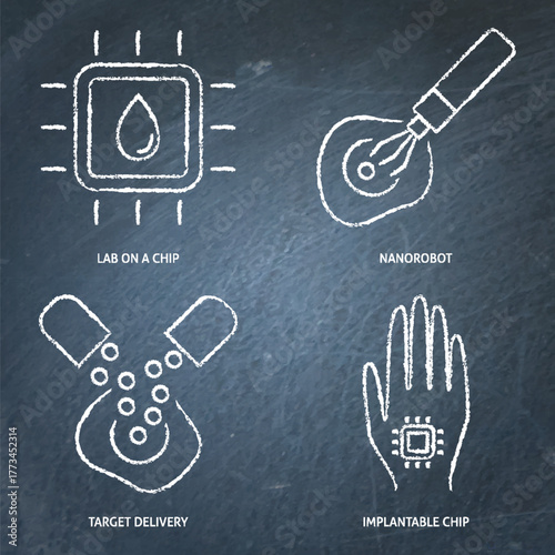 Cell research and studies chalkboard icon set. Target delivery, lab on a chip, implantable chip, nanorobot symbols. Vector illustration.