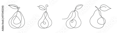 Four stylized pear line drawings offering fresh fruit art