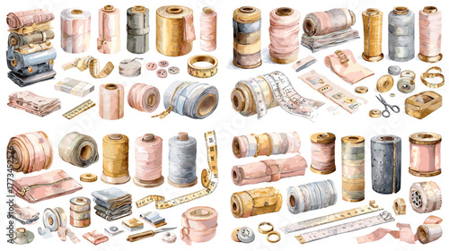 Watercolor illustration of sewing and craft materials including fabric rolls, ribbons, threads, buttons, and scissors. Perfect for tailoring design, DIY branding, and creative craft projects.