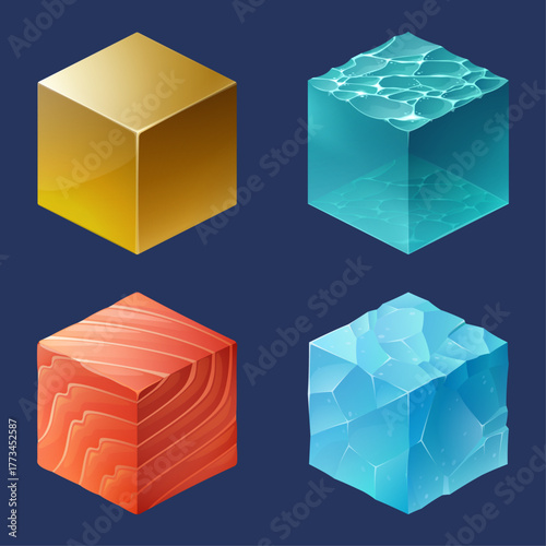 Four isometric cubes representing different materials gold, water, wood, and ice blocks