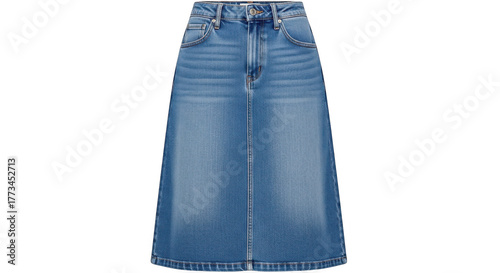Blue denim midi skirt isolated on transparent background with aline silhouette