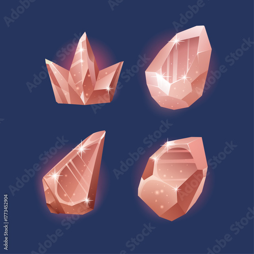 Illustrated set of four shining rose quartz crystals and fantasy mineral gems with a magical glow