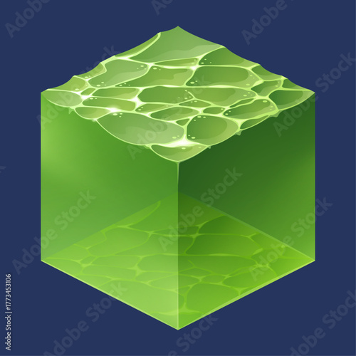 Stylized isometric illustration of a translucent green gelatinous cube with a rippling liquid surface
