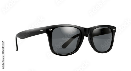 Black wayfarer sunglasses isolated on transparent background casting a soft shadow