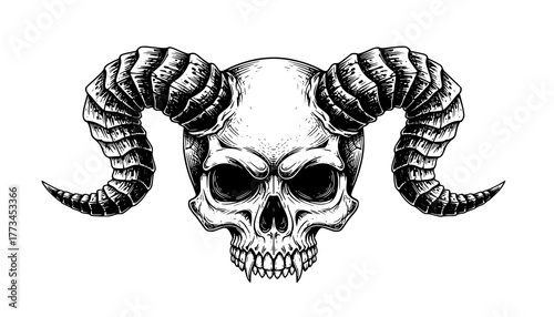 Devil Skull: Vector Engraving Illustration, Human Skull with Twisted Horns, Gothic, Demonic, Occult, Evil, Macabre, Halloween