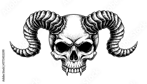 Devil Skull: Vector Engraving Illustration, Human Skull with Twisted Horns, Gothic, Demonic, Occult, Evil, Macabre, Halloween