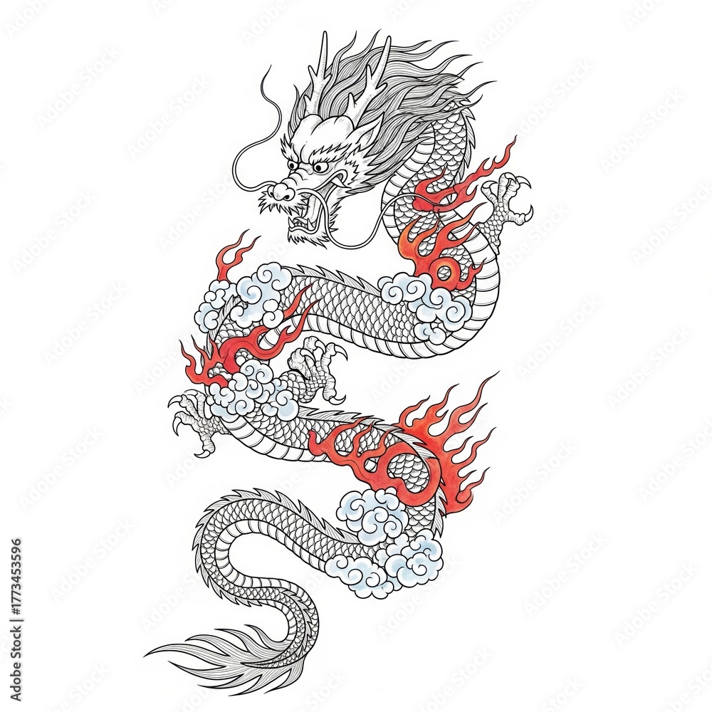 Fototapeta premium Traditional Chinese Dragon Tattoo with Flames and Cloud Motifs on White Background 
