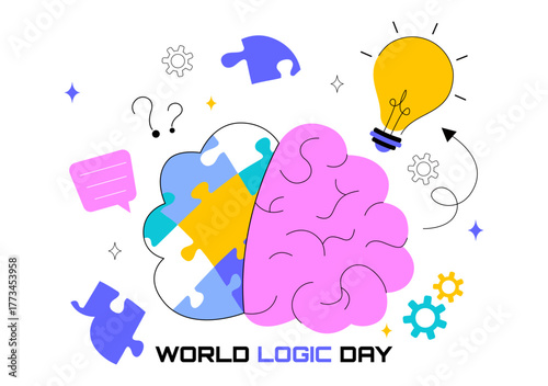 World Logic Day Vector Illustration Featuring Creative Thinking, Analytical Mind, Puzzle, Decision Making, and Smart Brain in a Flat Background