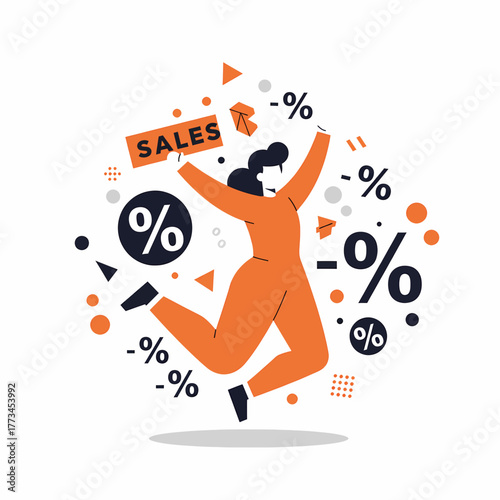 Woman Jumping for Joy During Black Friday Sale. Discount Promotion Flat Illustration