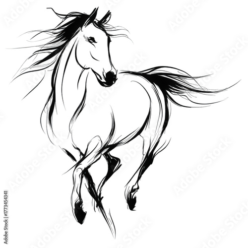 Elegant black and white ink sketch of a running horse.