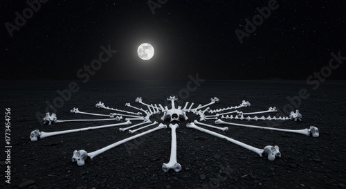 Bones Arranged in Radial Pattern Under a Bright Moonlit Night Sky
