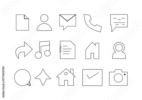 Flat line icon set for modern UI UX design projects. Includes essential app and website elements like user, profile, message, home, chat, document, button, and arrow icons. Designed for developers