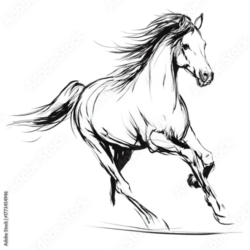 Elegant black and white sketch of a galloping horse.