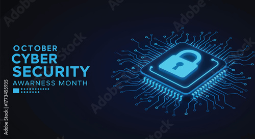 Cyber security awareness month illustration with a padlock on a microchip in dark blue tones.