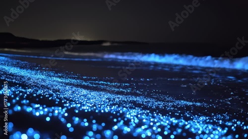 Glowing Bioluminescent Waves Washing on Beach at Night