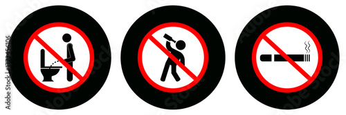 no urinating, drinking or smoking prohibited vector sign illustration, No drinking no smoking vector icon set, No urinating alcohol smoking forbidden icons, No entry action restriction icons vector