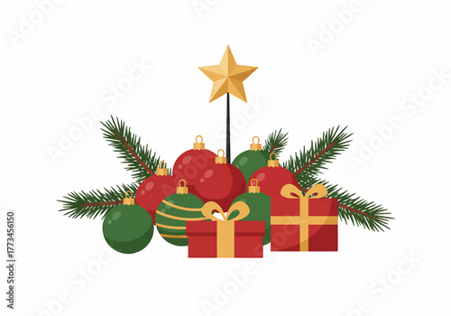 Flat lay of Christmas decorations with presents, ornaments, and star on a white background.