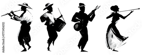 Black ink silhouettes of four folk musicians walking and playing traditional instruments.