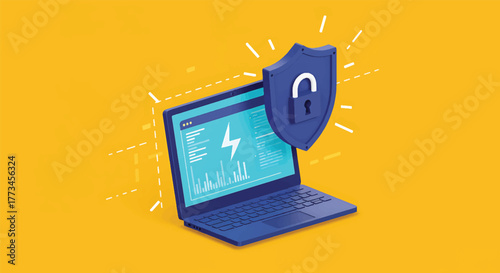 Flat lay illustration of a laptop with a shield and padlock on a bright yellow background, conveying cybersecurity and protection.