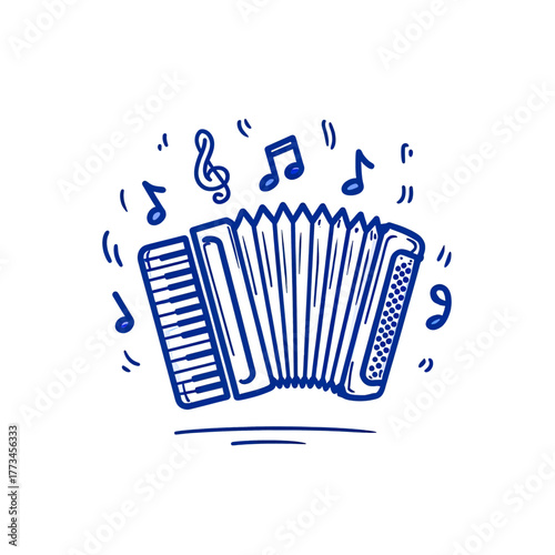 Hand-drawn doodle illustration of a blue accordion with musical notes.